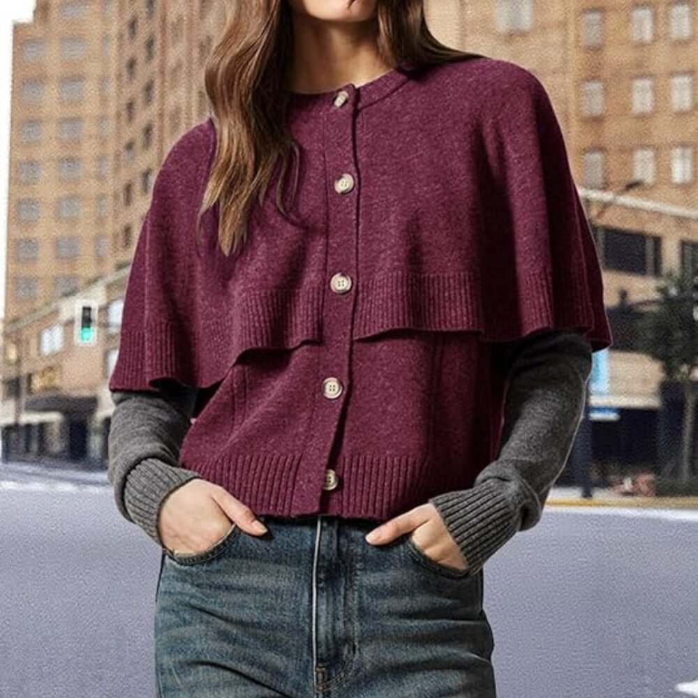 Cardigan Button Up Knit Shawl Sweater Casual Cape Coat for Fall Winter Layered